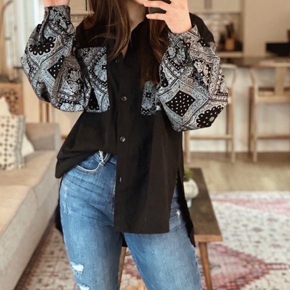 🆕 ✨ NWT DAVI & DANI Bandana black & white Oversized Button Top Womens size 2XL - Picture 9 of 11